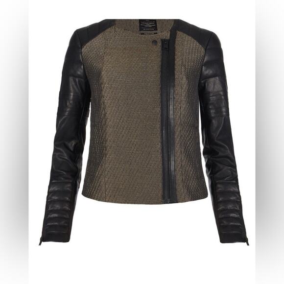 AllSaints Jackets & Blazers - Woman’s Allsaints Abel Biker Jacket Black Leather Contrast Sleeves Size 4